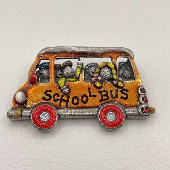 Vintage AJMC Brooch Pin School Bus Driver Students Children Enameled Open Window - Picture 1 of 12